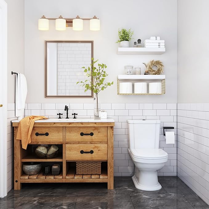 QEEIG Bathroom Shelves Over Toilet - Wall Mounted Floating Shelves Toilet Paper Storage Small Modern Decor Shelf 16 inch Set of 2, White and Gold (019-WG2)