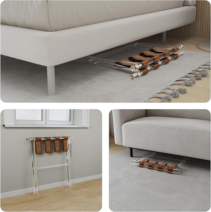 Sumerflos Acrylic Luggage Rack for Guest Room - Foldable Suitcase Stand with Leather Straps for Bedroom Living Room Hotel Heavy-Duty, Holds up to 50-100 lb lightweight Space Saving (Brown & Handle - 2 Pcs)