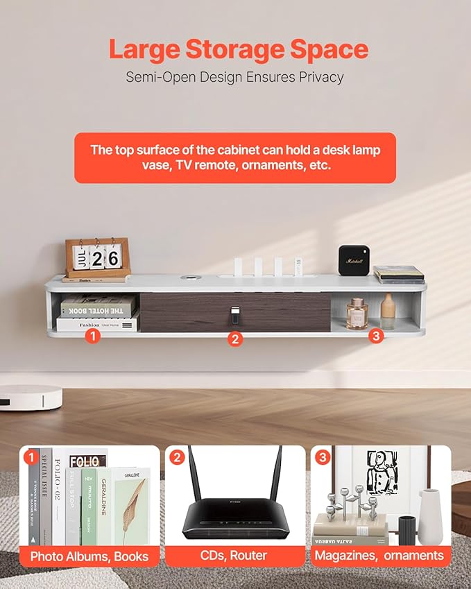 VEVOR Floating TV Stand, 47'' Wall Mounted TV Console Modern Floating Entertainment Center Under TV Shelf with Storage Cabinet, for Bedroom & Living Room, White