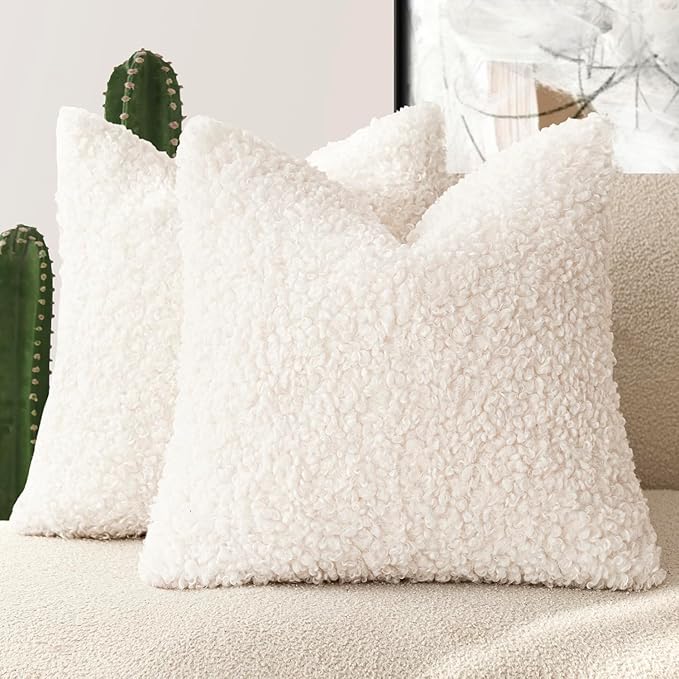 Foindtower 2 Pieces 26x26 Inch White, Faux Fur Throw Pillow Cover Accent Sherpa Pillow Fuzzy Soft Pillowcases Sheepskin Decorative Fleece Cushion Case for Bed Couch Living Room
