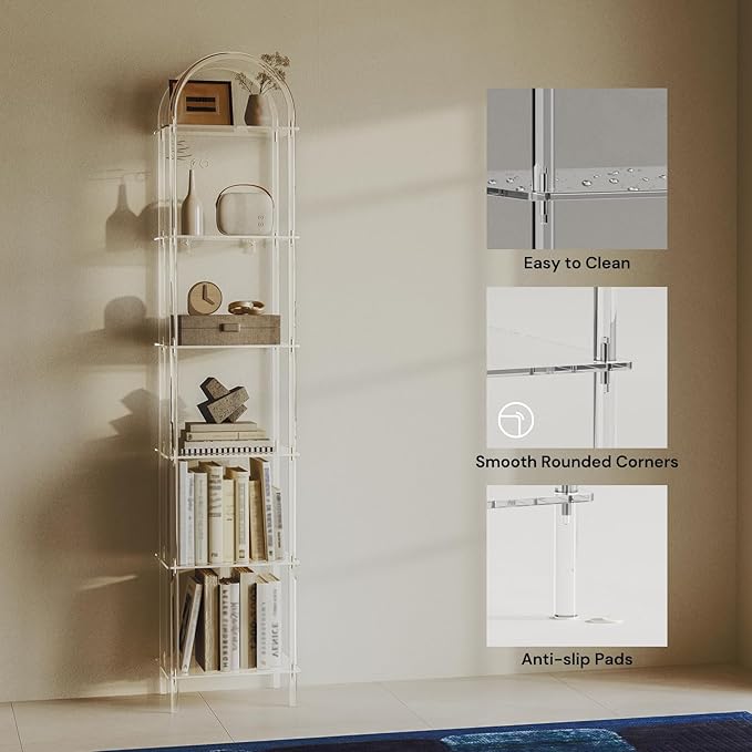 6-Tier Tall Acrylic Arched Bookcase, 13.8''W x 11.8''D x 68.4''H, Clear Narrow Bookshelf for Small Space, Open Book Shelves for Home Office, Living Room, Bedroom, Modern