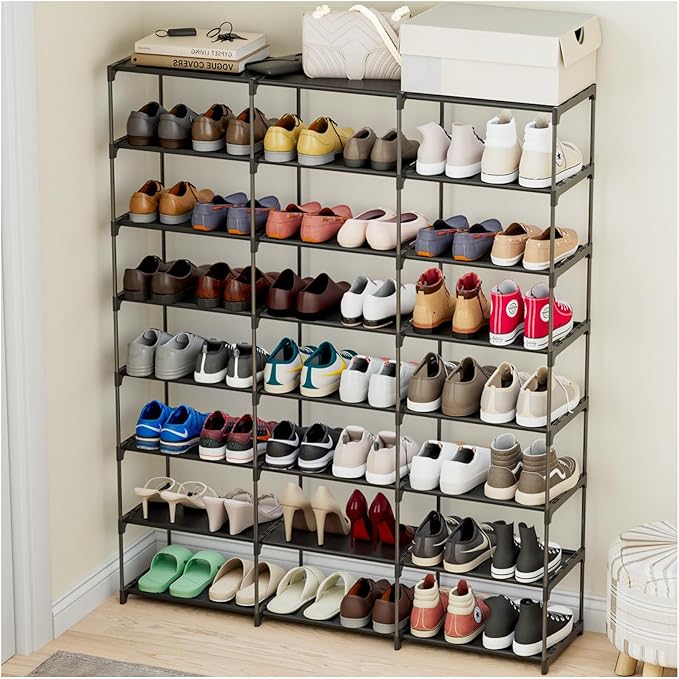 Large Shoe Rack 3 Row 8 Tier 40-60 Pairs Shoes Boots with Plastic Plate Home Sturdy Storage Organizer Shelf for Garage Entryway Hallway Front Doorway