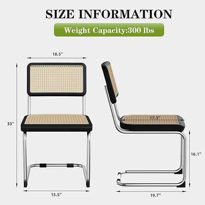 Rattan Dining Chairs Set of 2 Mid Century Modern Dining Room Chairs with Natural Rattan Woven Backrest and Seat Upholstered Kitchen Armless Side Chairs with Metal Legs, Black
