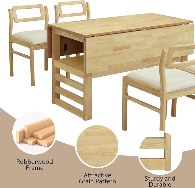 Drop Leaf Dining Table with Chairs Set of 4, 5-Piece Farmhouse Rectangular Dining Room Table with 4 Upholstered Solid Wood Chairs, Extendable Kitchen Tables for Small Place, Natural Rubber Wood