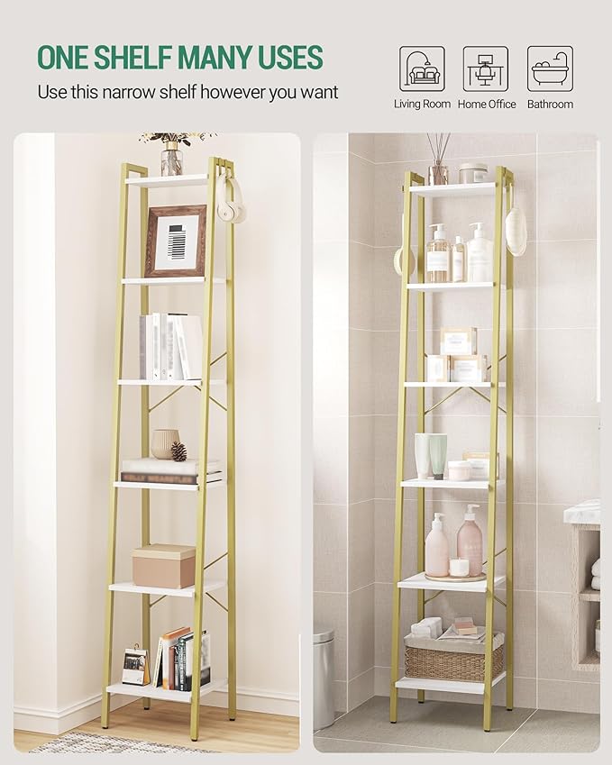 Ladder Shelf, Bookshelf Bookcase, Freestanding Corner Storage Shelve with 2 Hooks for Home Office, Living Room, Kitchen, Bedroom, Industrial, 6-Tier White Gold BC13313G