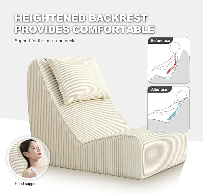 Giant Bean Bag Chair for Adults,Corduroy Chaise Lounge with Unrivaled Back Support, Detachable Neck Pillow, Comfortable Ottoman & Washable Cover for Living Room, Bedroom, Garden(White)