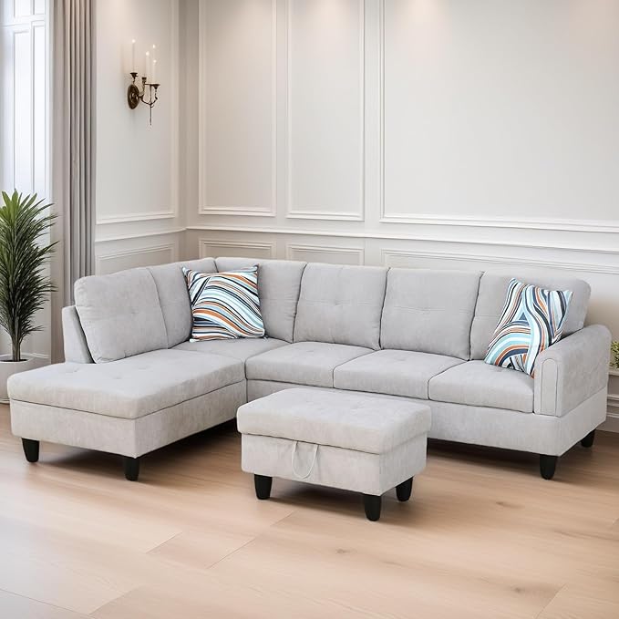 L Shaped Sectional Couches for Living Room, Modular Sectional Sofa with Ottoman Storage, Modern Comfy 4 Seat L Shaped Couch with Chaise for Bedroom Apartment Furniture, Gray