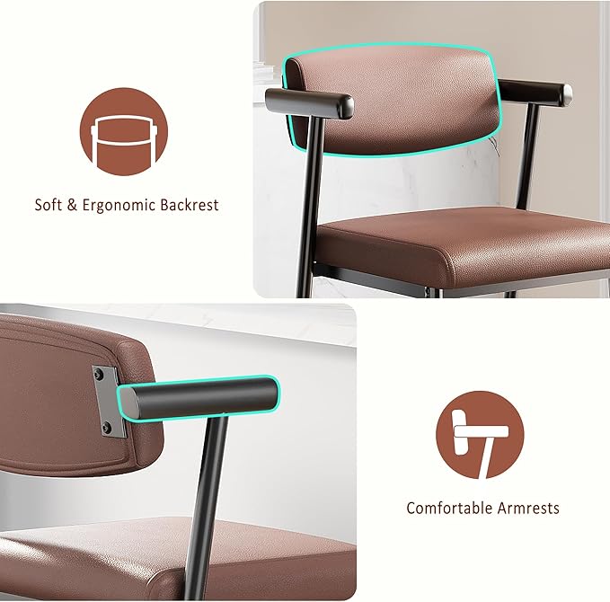 GarveeHome Counter Height Bar Stools of 4 with Armrests, 4 Piece Counter Height Bar Stools Set with Back, Upholstered Seat & Metal Footrest for Kitchen Islands, Counter Bars, Retro Brown