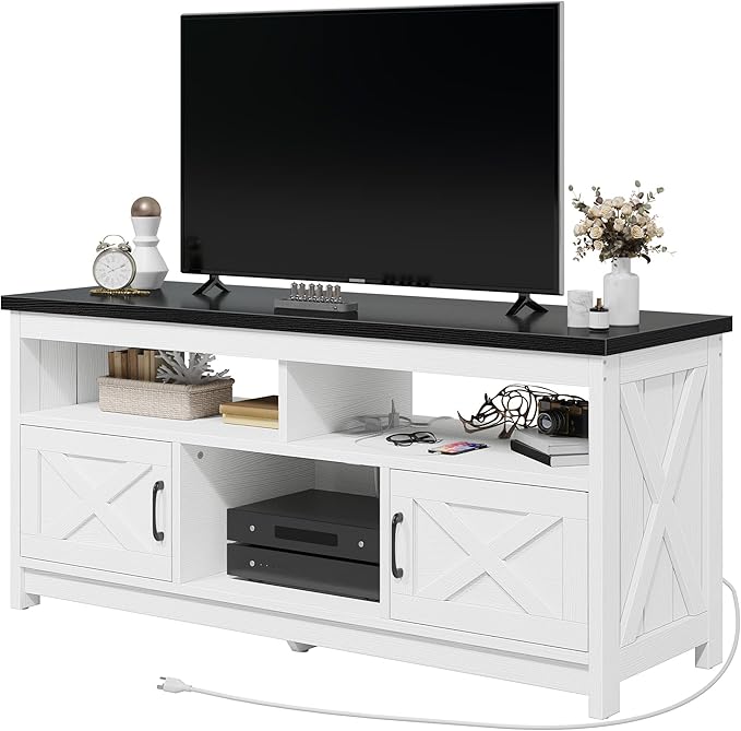 YITAHOME TV Stand for 65/55 Inch Television, Farmhouse Entertainment Center Television Stand with Power Outlets and Open Shelf, Media Console TV Cabinet for Living Room, White/Black