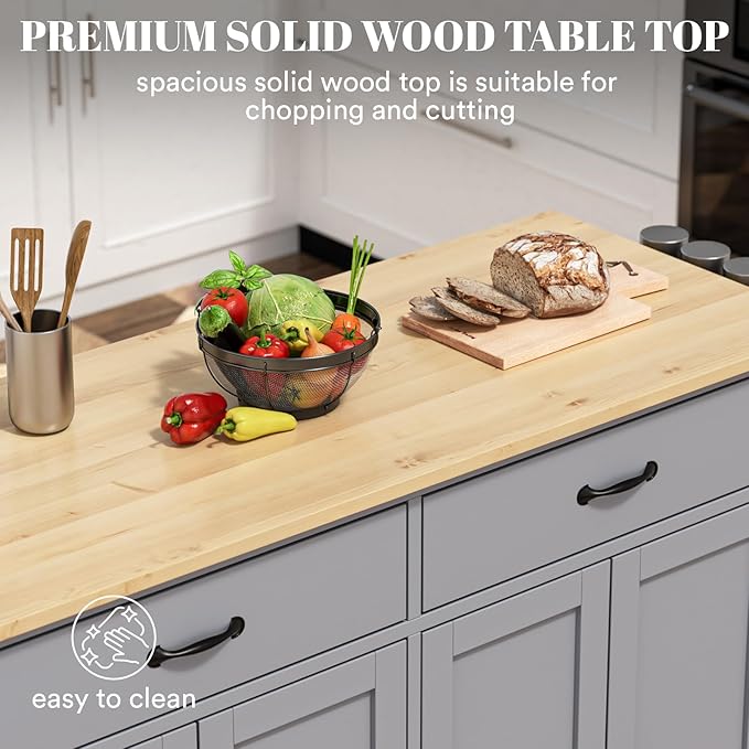 Rovibek Large Kitchen Island on Wheels with Storage 54 in Width Mobile Moveable Portable Rolling Wood Islandfor Kitchen Dining Room with Drawers Cabinet Spice Rack Towel Rack