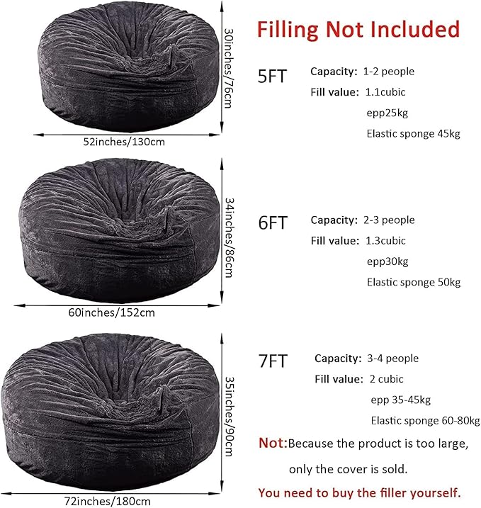 Giant Fur Bean Bag Chair Cover for Kids Adults, (No Filler) Living Room Furniture Big Round Soft Fluffy Faux Fur Beanbag Lazy Sofa Bed Cover (Black, 7FT)