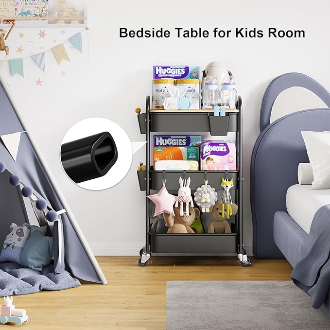3 Tier Metal Rolling Cart with Wheels and Wooden Table Top, Three Tiered Craft Cart Organizer on Wheels, Black Storage Utility Carts for Art, Diaper Caddy, Baby Nursery, Office, Laundry, Snack, Book