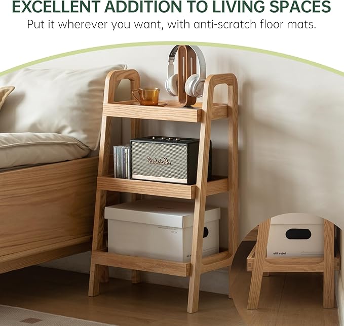 100% Solid Oak 3 Tier Ladder Shelf, Small Bookshelf, Ladder Bookshelf, Bookcase with Stable Frame, Small Table for Living Room Bedroom(Natural, 12.6" L x 17.72" W x 31.5" H)