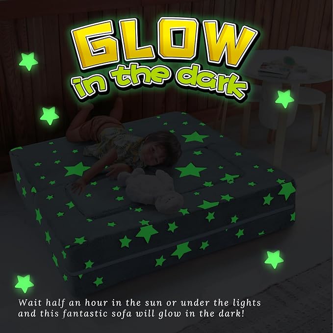 MeMoreCool Modular Kids Play Couch Sofa – Glow in The Dark Star Design, Fold-Out Toddler Couch for Playroom Furniture, Grey