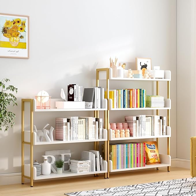 Wide Open Shelf Bookcase - Modern 3-Tier Floor Standing Display Bookshelf with Three-Side Panels for Home and Office, Storage Shelving in Warm White with Gold Frame