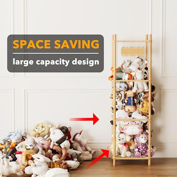 SpaceAid Stuffed Animal Storage Organizer, Wood Animals Zoo Toy Plushies Storage Holder, Large Capacity Plush Toy Cage for Playroom Organization, 15.8" Wide, Natural