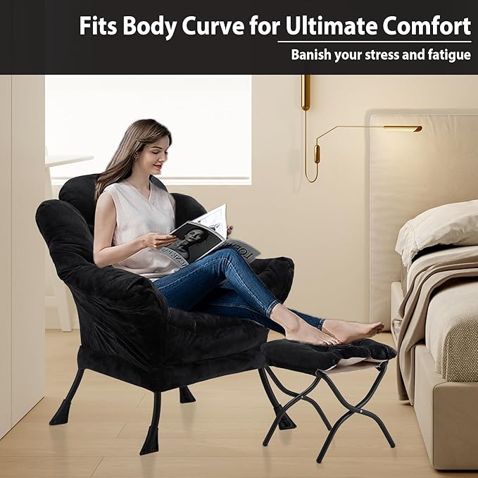 Lazy Chair with Folding Ottoman, Accent Chair Plush Upholstered with Metal Structure and Non-Slip Pads, Sofa Armchair with Footrest and Side Storage Bag for Dorm, Room, Office, Black