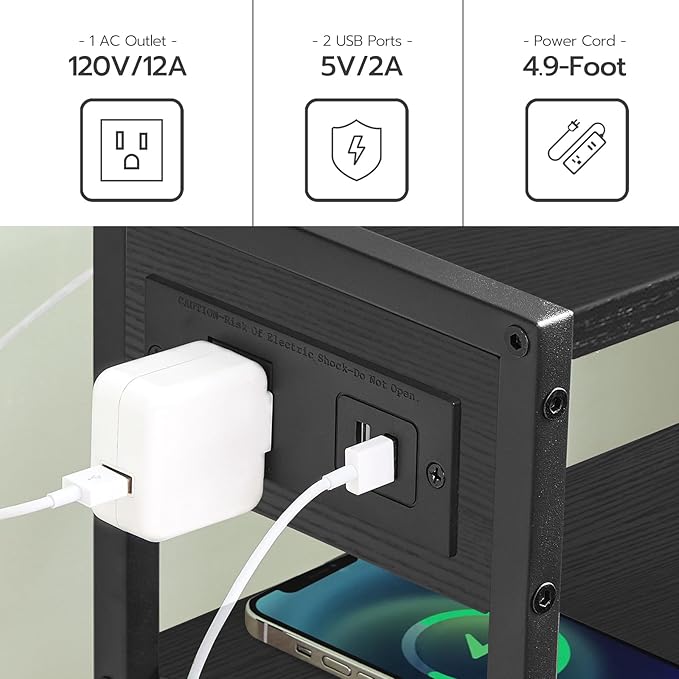 HOOBRO Small Narrow Side Table with Charging Station, Skinny End Table for Small Spaces, Slim Nightstand with USB Ports Outlet, Sofa Beside Table with Storage Shelf, Black BB102UBZ01