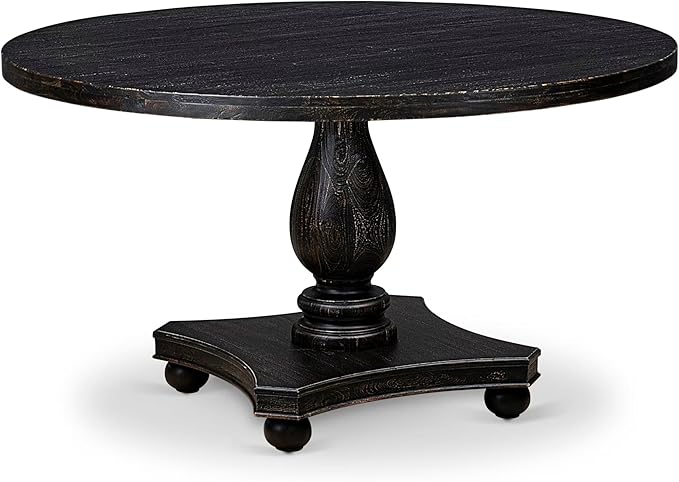 I52-11-TP Wooden Breakfast Table with Acacia Wood Round Tabletop and Stylish Pedestal Base - Sand Blasted Black Finish