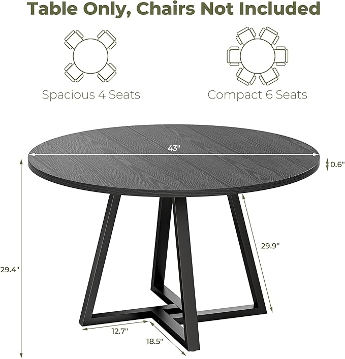 IRONCK 43" Round Dining Table for 4, Wood Kitchen Table with Metal Base, Space Saving Industrial Circle Dinner Table for Kitchen Dining Room, Black