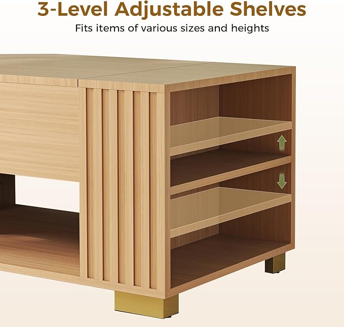COMHOMA Lift Top Coffee Tables for Living Room, 39" Center Table with Hidden Storage Compartment, Adjustable Wooden Tea Table for Small Spaces, Natural Oak