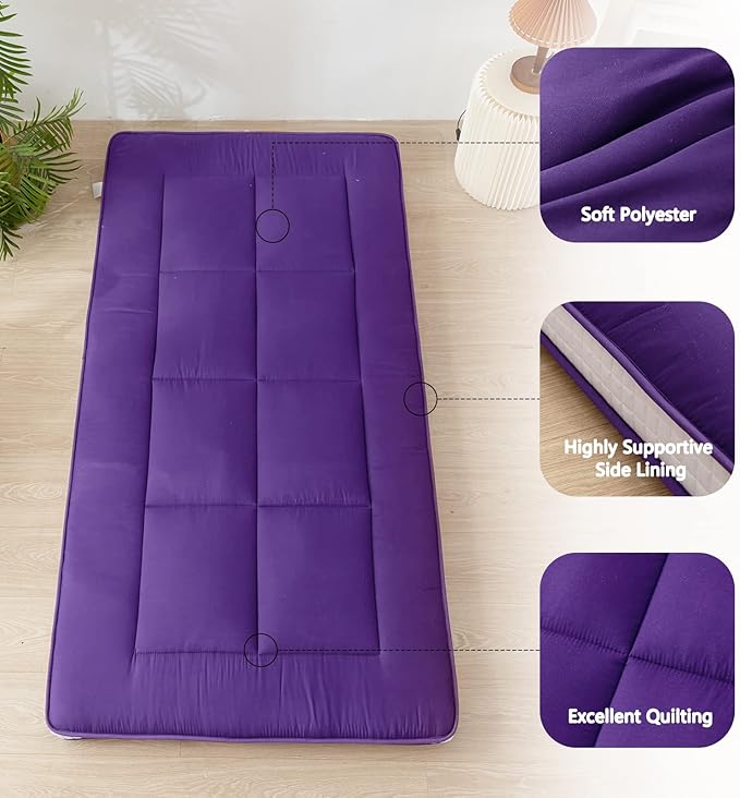 MAXYOYO Twin Bed Mattress Japanese Floor Mattress Futon Mattress, Twin Mattress Pad Camping Mattress Floor Bed Mattress Topper, Easy to Foldable and Portable, Purple Futon Single Mattress
