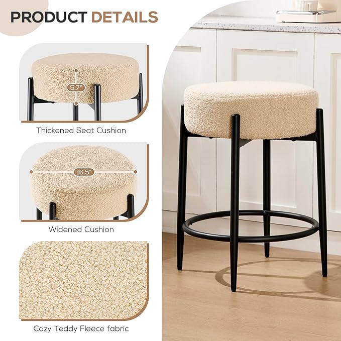 Dining Chairs Set of 2, 23.6" Backless Kitchen Living Room Chair，Mid Century Modern Chairs with Round Soft Beige Boucle Padded & Solid Metal Legs