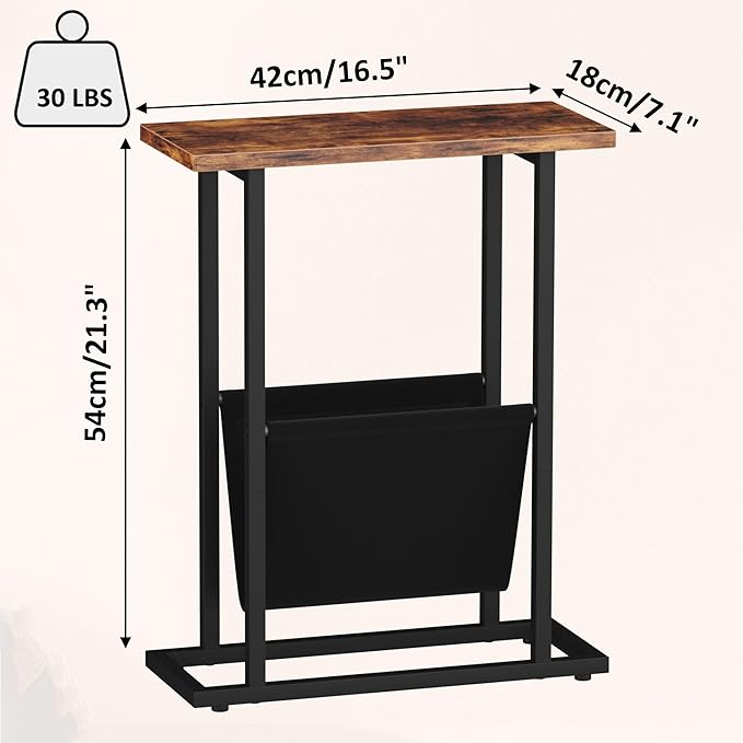 Narrow Side Table for Small Spaces, Small End Table with Magazine Holder, Skinny Slim Little Thin Table for Living Room, Bedroom, Sofa, Rustic Brown