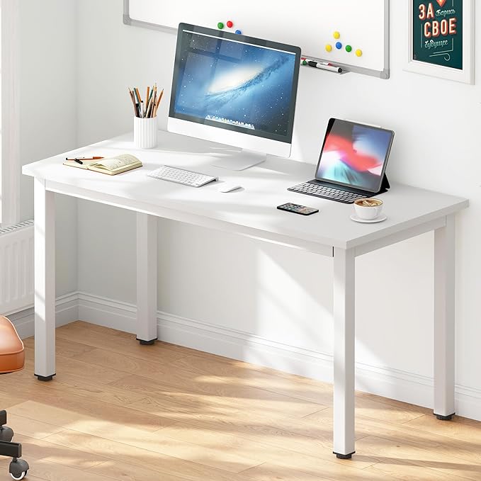 DlandHome 47 inches Medium Computer Desk, Home Composite Wood Board Desk, Decent and Steady Home Office School Desk/Workstation/Table, BS1-120WW White and White Legs, 1 Pack