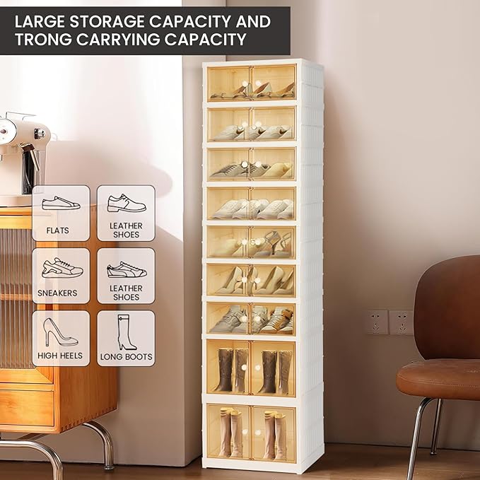 Foldable Shoe Organizer Storage Box, Portable Extra Large Folding Shoe Rack for Closet, Shoe Storage Box with Magnetic Transparent Door and Wheels, 9 Layers 18 Grids with 4 Big Grids for 2 PCS