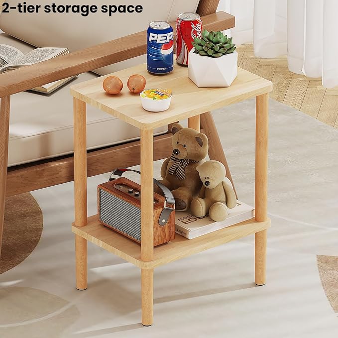 LUCKNOCK Solid Wood Side Table, 2-Tier Small End Table with Storage Shelf, Narrow Nightstand Bedside Table for Small Spaces, Bedroom, Living Room, Farmhouse, No-Tool Assembly.