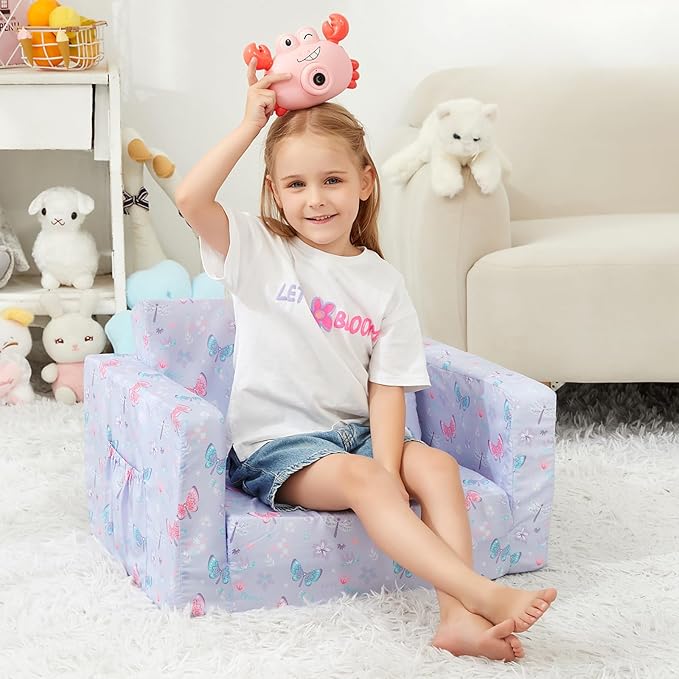 Viviland Kids Chairs for Toddler,2-in-1 Soft Toddler Couch Fold Out,Convertible Soft to Lounger Toddke Chair Comfy for Girls and Boys,Purple Butterfly