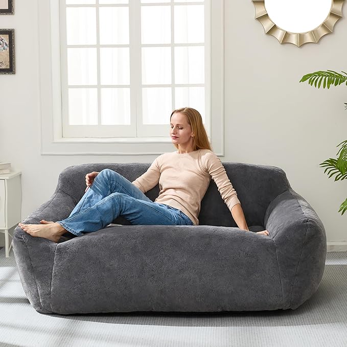 Homguava Oversized Bean Bag Chair for Adults, Giant Bean Bag Sofa,Bean Bag Couch with Soft Faux Fur Cover & Wide Armrests Big BeanBag Lazy Sofa for Bedroom,Living Room,Apartment (Grey)