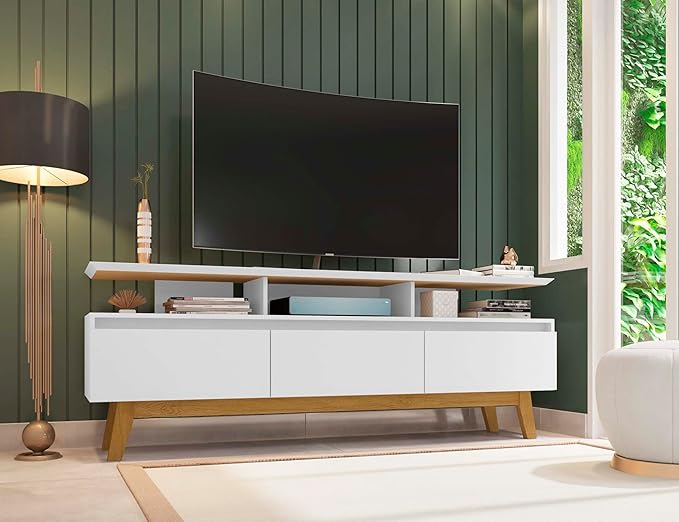 Manhattan Comfort Yonkers 71 Inch Mid Century Modern TV Stand with Storage, 3 Flip Down Door, Hole for Wire Management, Fits Up to 60" Television, Durable & Versatile Console Table, White