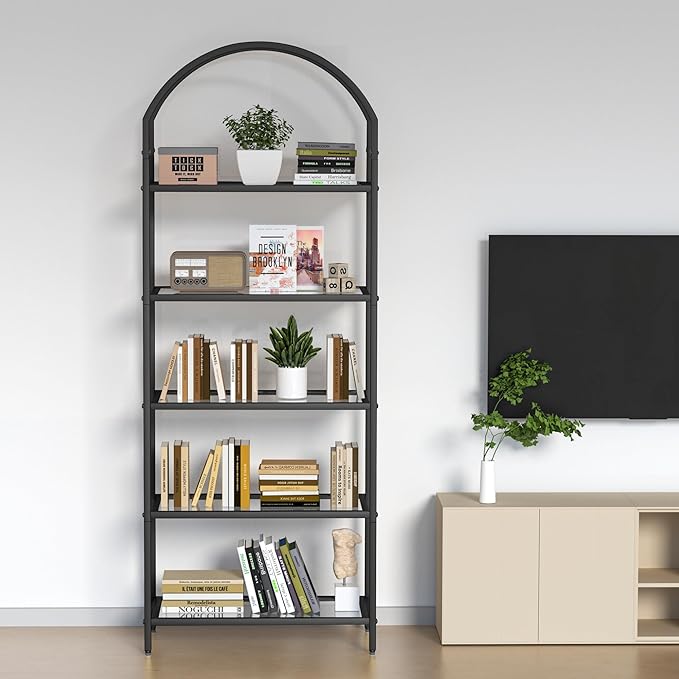 Homhedy Bookshelf Arched Display Racks,Metal Bookcase,Tempered Glass Shelves,Storage Rack Shelf for Home Office,Living Room,Bedroom, Bathroom,Modern Style (Black, 11.8" D x 23.6" W x 62.2" H)
