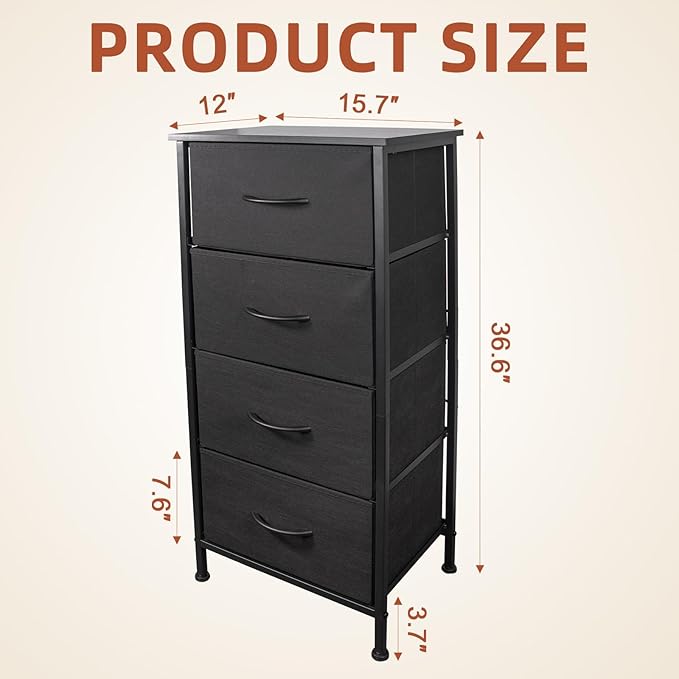 Nightstand with 4 Fabric Bins, Bedside Furniture, Night Stand, End Table Nightstand Storage Tower Unit Organizer with 4 Fabric Bins for Living Room (Black)