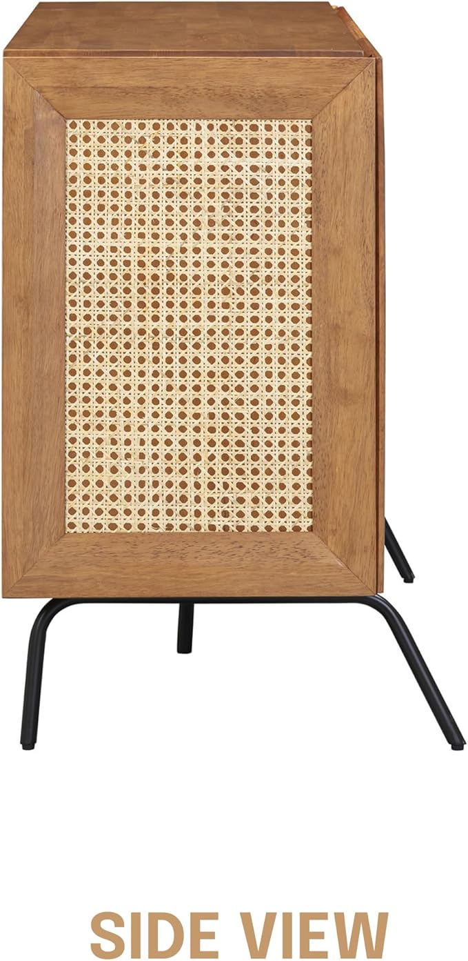 NTC MOSSIC Sideboard with 2 Doors and 3 Drawers, Buffet Cabinet with Natural Rattan and Metal Legs, Modern Storage Cabinet for Living Room, and Hallway, Effortless Assembly, Teak Look