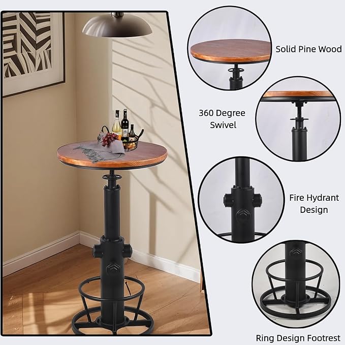 Vintage Bistro Table Height Adjustable 38.6-44.4inch Industrial Bar Table for Kitchen Dining Room Coffee House Pub Office Swivel Round Wooden Top for 2-3 People