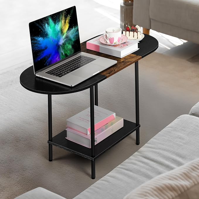 Small Round Coffee Table, 2-Tier Oval Center Table with Storage and Open Shelving, Minimalist Display Center Table for Living Room, Small Space, Home Office, Brown & Black