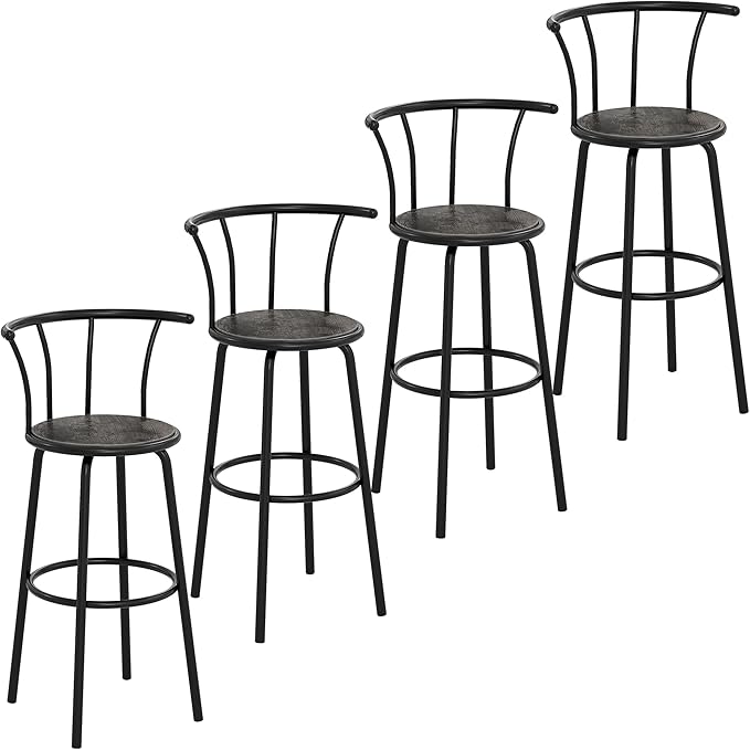VECELO Bar Stools Set of 4, Swivel Counter Barstools with Backrest, Bar Height Chairs for Dining Room, Kitchen Island, Pub, Easy Assembly, Grey