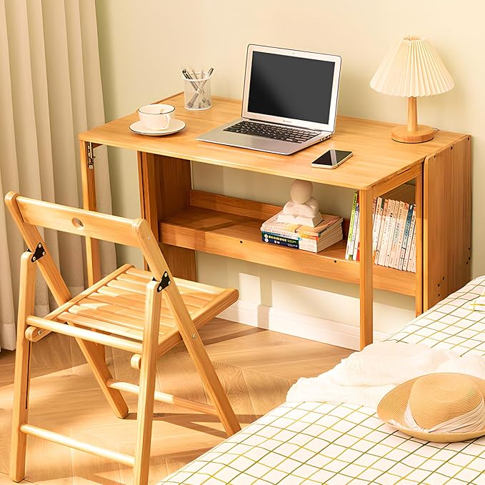 Bamboo Folding Desk Mid Century Modern Desk for Home Office Bedroom Small Spaces，Natural