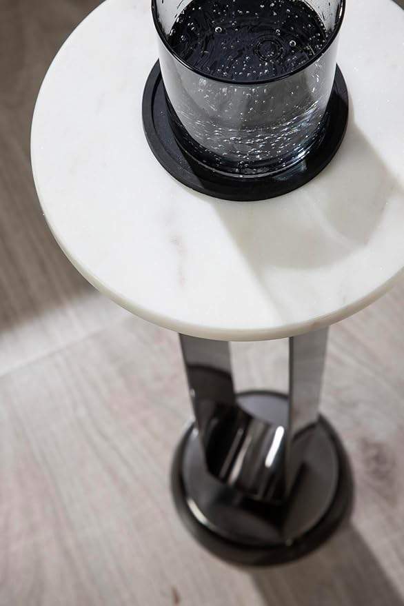 Kate and Laurel Helio Modern Round Drink Table, 8 x 8 x 24, White and Gray Gunmetal, Natural Marble Cocktail Table for Small Spaces and Use as Small Plant Stand or Nightstand