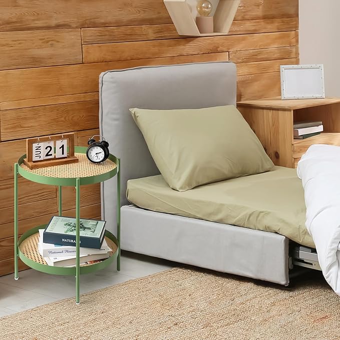 TeoKJ All Metal Side Table, 2 Tier Anti Rust End Table with Imitation Rattan Pattern on Removable Trays, Round Table for Living Room, Small Nightstand for Bedroom 20.47 Inch x 16.54 Inch Green