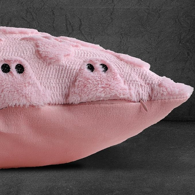 4TH Emotion Halloween Ghost Decorative Pillow Covers 16x16 Set of 2, Pink Soft Plush Faux Fur Farmhouse Throw Cushion Cases for Fall Autumn Holiday Home Decorations