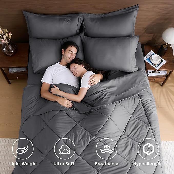 HEVUMYI Twin-XL Comforter Set - 5-Piece All Season Bed in a Bag Twin-XL, Ultra Soft Bedding Set with Comforter, Flat Sheet, Fitted Sheet, Pillowcases, Pillow Shams, Dark Grey