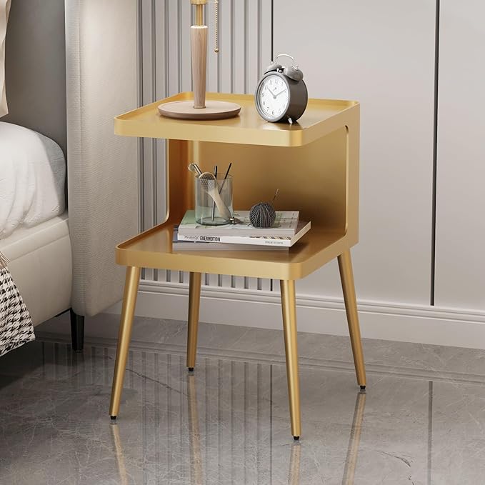 Gold Nightstand with Storage, 2 Tier Small End Tables Bedroom, Modern Side Tables Living Room with 4 Legs, Square Accent Table for Small Spaces Indoor Outdoor, Easy Assembly
