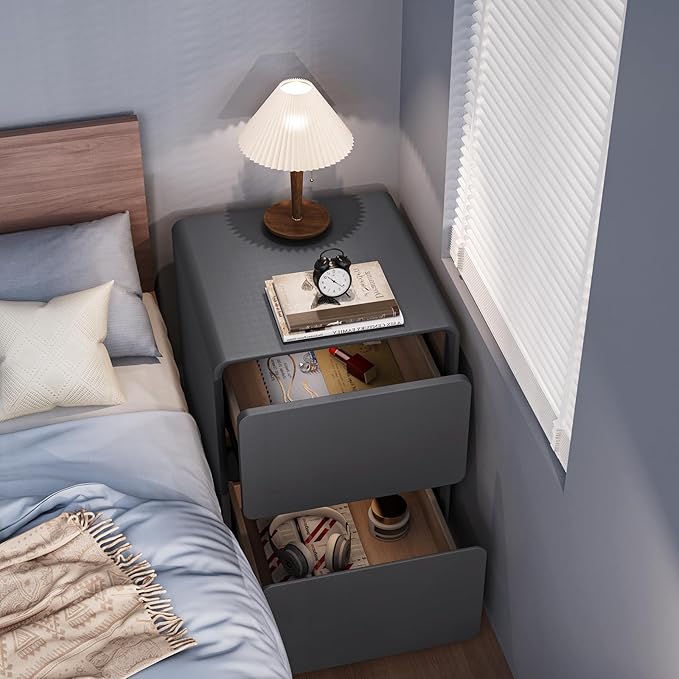 VICITON Modern Narrow Faux Leather Nightstand, Solid Wood Drawer, Storage Accent Table, Small Side End Table for Bedroom (Gray, Large(15.7inch))