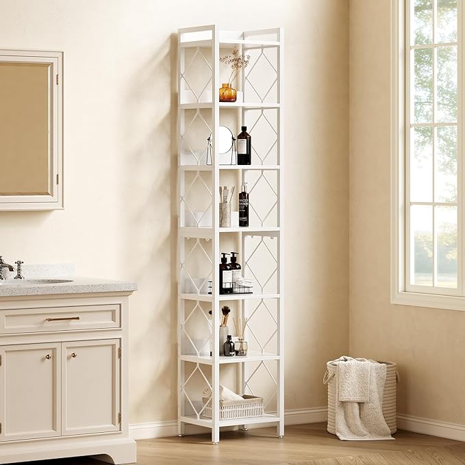 LITTLE TREE Book Shelf, 7-Tier Tall Bookcase, 78.7" Wooden Display Shelves with Sturdy Metal Frame for Living Room, Modern Narrow Standing Bookshelves for Bedroom, White Office Shelf for Small Spaces