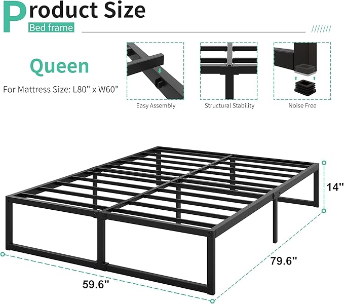 14 Inch Queen Bed Frame Heavy Duty Steel Slat Support Metal Platform Bed Frame Queen Size No Box Spring Needed, Easy Assembly, Black
