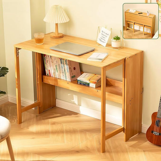 Bamboo Folding Desk Mid Century Modern Desk for Home Office Bedroom Small Spaces, Natural，40.55" Long Desktop